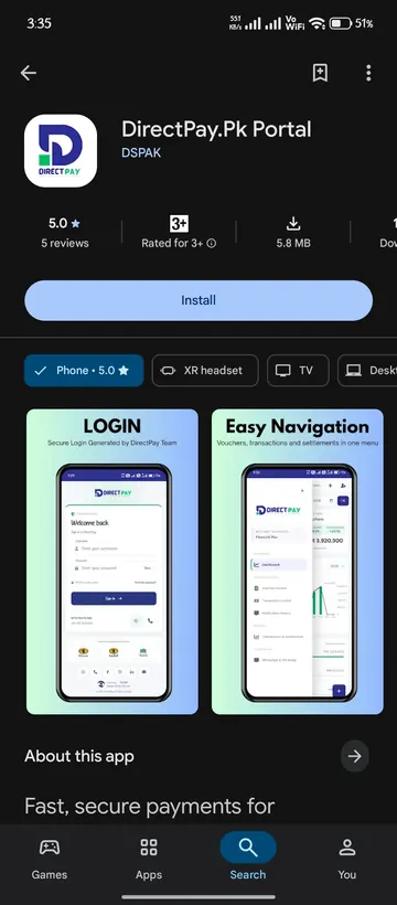 DirectPay.Pk Portal app listing and screenshots on Google Play